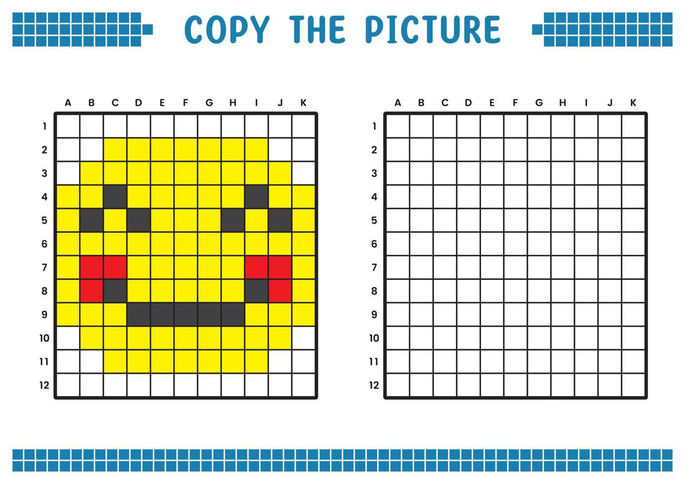 Kopieren Sie das Bild, vervollständigen Sie das Rasterbild. pädagogische arbeitsblätter zeichnen mit quadraten, färben von zellbereichen. Aktivitäten für Kinder im Vorschulalter. Cartoon-Vektor, Pixelkunst. Illustration eines lächelnden Gesichts. vektor