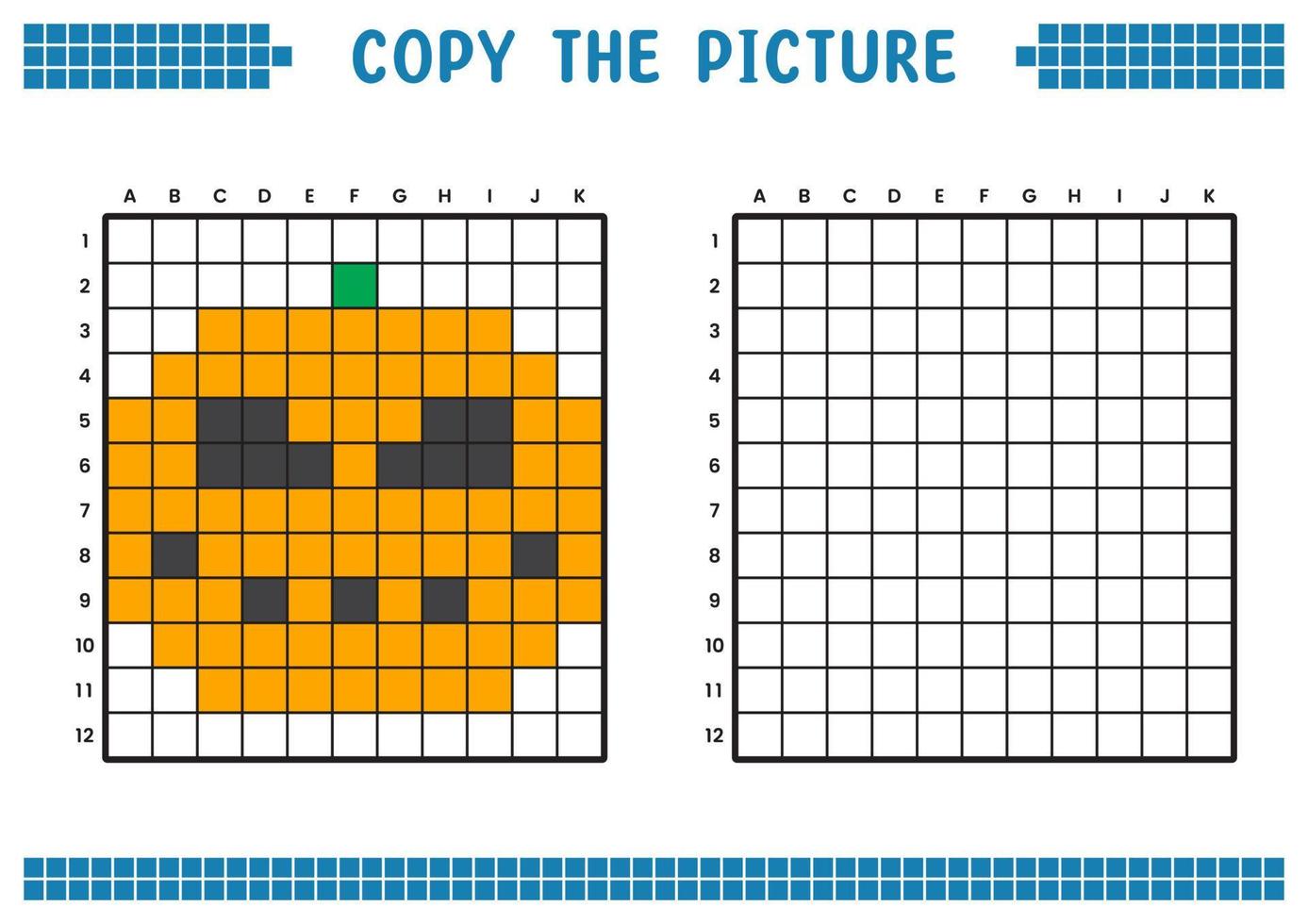 kopia de bild, komplett de rutnät bild. pedagogisk kalkylblad teckning med rutor, färg cell områden. barns förskola aktiviteter. tecknad serie vektor, pixel konst. halloween pumpa illustration. vektor