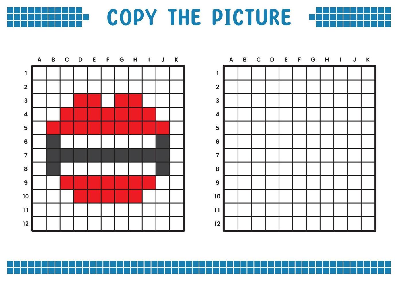 Kopieren Sie das Bild, vervollständigen Sie das Rasterbild. pädagogische arbeitsblätter zeichnen mit quadraten, färben von zellbereichen. Aktivitäten für Kinder im Vorschulalter. Cartoon-Vektor, Pixelkunst. Illustration von Lippen und Zähnen. vektor