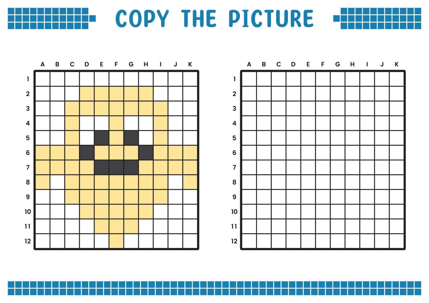 kopia de bild, komplett de rutnät bild. pedagogisk kalkylblad teckning med rutor, färg områden. barns förskola aktiviteter. tecknad serie vektor, pixel konst. illustration av en leende spöke. vektor