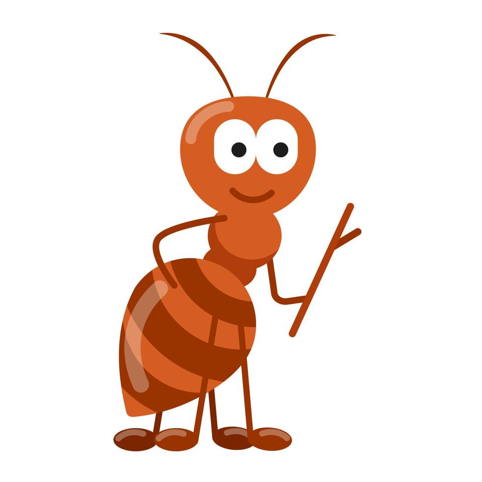 süße Zeichentrickfigur Ameise mit einem Ast in den Händen, Insekt mit einem Stock in den Pfoten vektor
