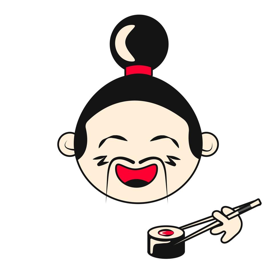 süßer asiatischer samurai mit schnurrbart, der sushi isst vektor