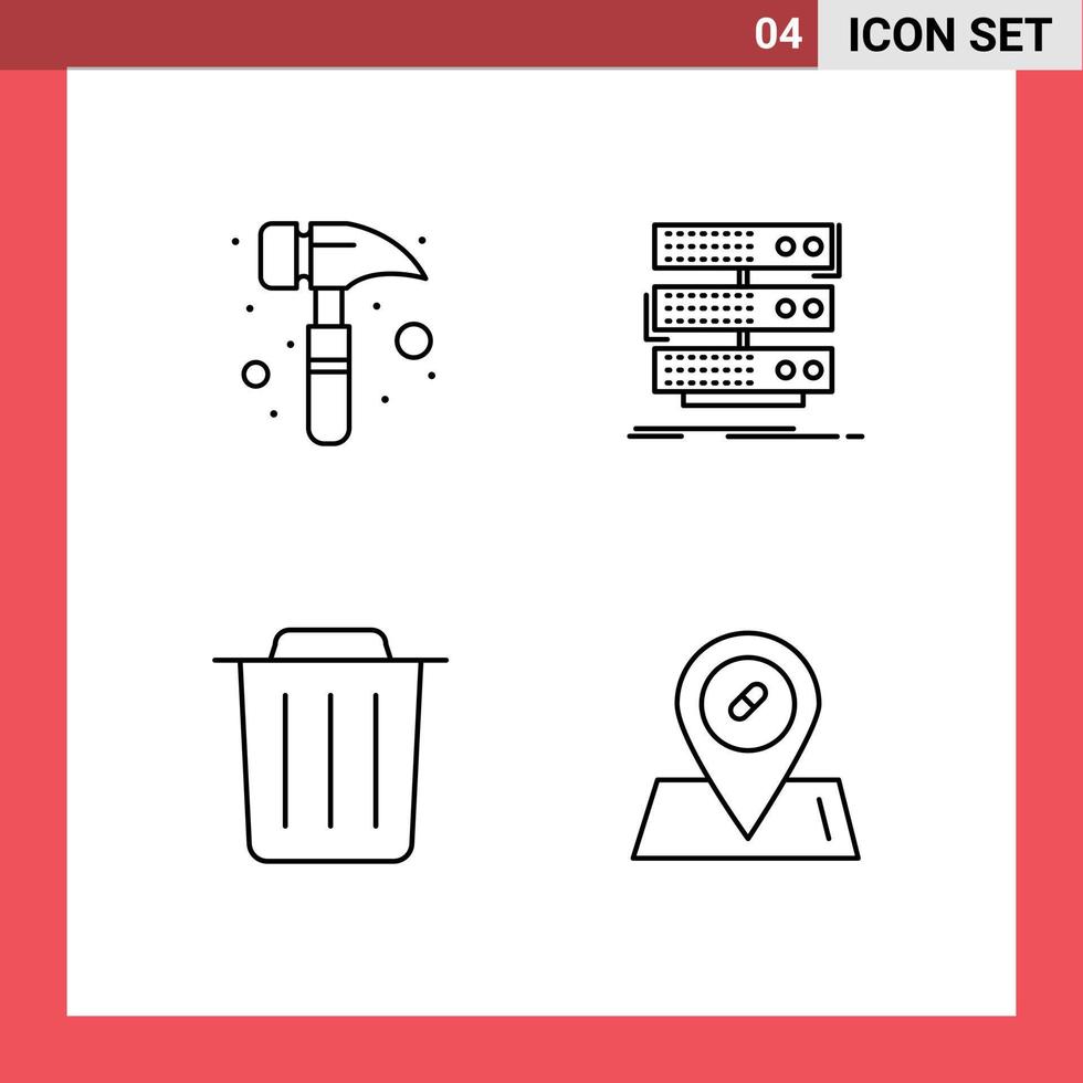 Packung mit 4 modernen Filledline-Flachfarben Zeichen und Symbolen für Web-Printmedien wie Klauenhammer-Recycling-Server-Datenbank medizinische editierbare Vektordesign-Elemente vektor