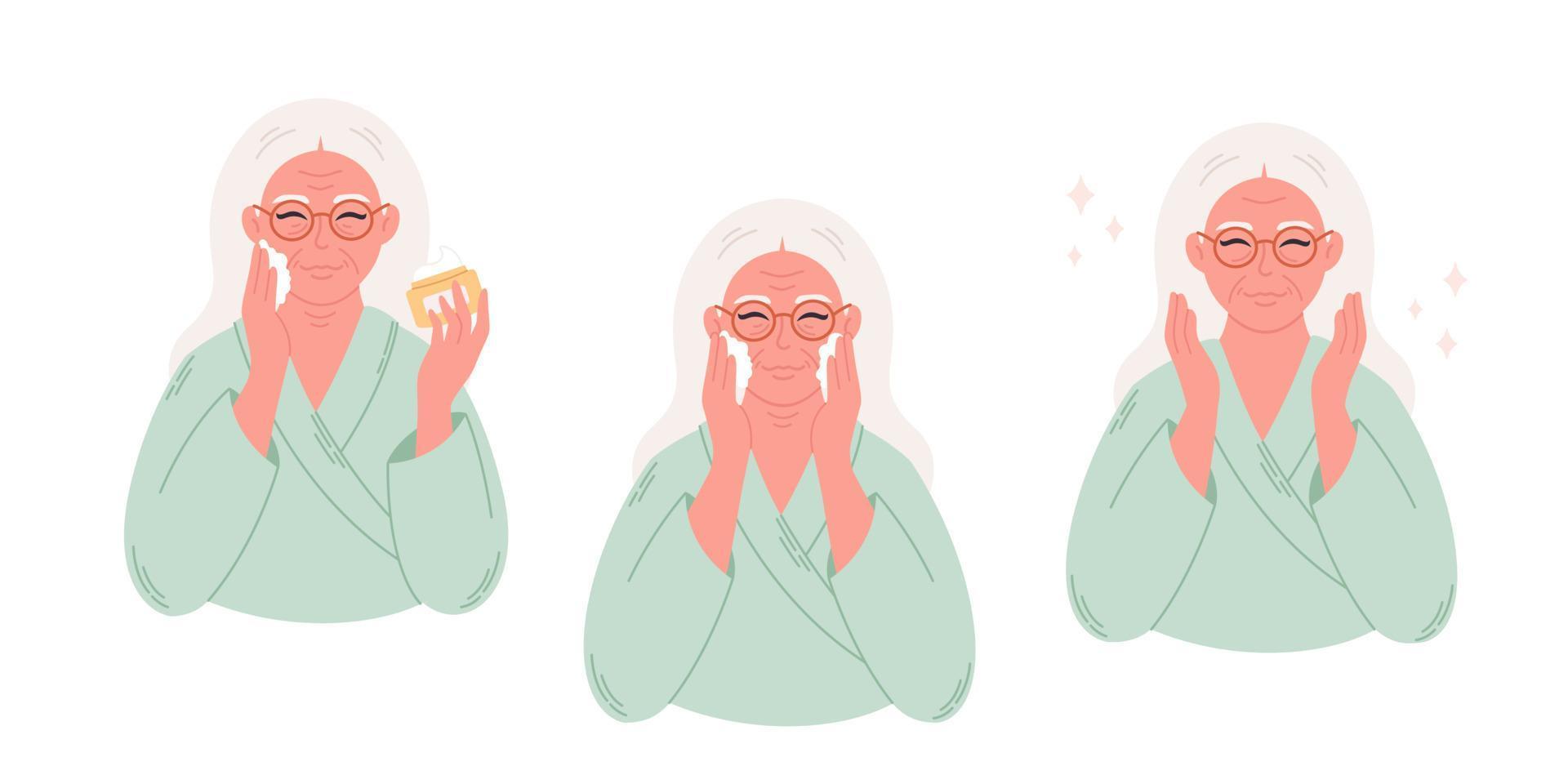 ältere Frau, die organische kosmetische Creme auf Gesicht aufträgt. Gesichtspflege, Faltenbehandlung, Tränensäcke. Schönheitsbehandlungen, Anti-Aging-Behandlungen vektor