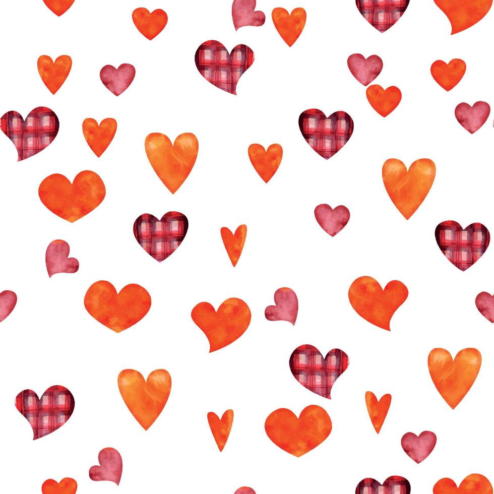 vattenfärg hand dragen sömlös mönster av röd, orange och pläd hjärtan för hjärtans dag. isolerat på vit bakgrund. design för papper, kärlek, hälsning kort, textil, skriva ut, tapet, bröllop vektor