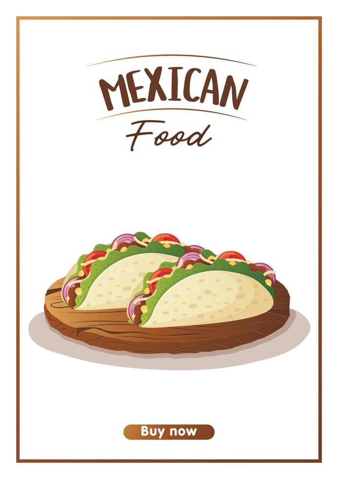 Flyer A4 mit mexikanischen Tacos. banner gesunde ernährung, kochen, menü, lebensmittelkonzept. vektor