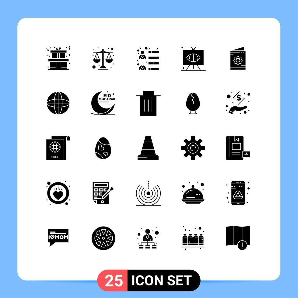 25 universelle solide Glyphenzeichen Symbole des Ramadan-Kartenwachstums Fernsehen Rugby editierbare Vektordesign-Elemente vektor