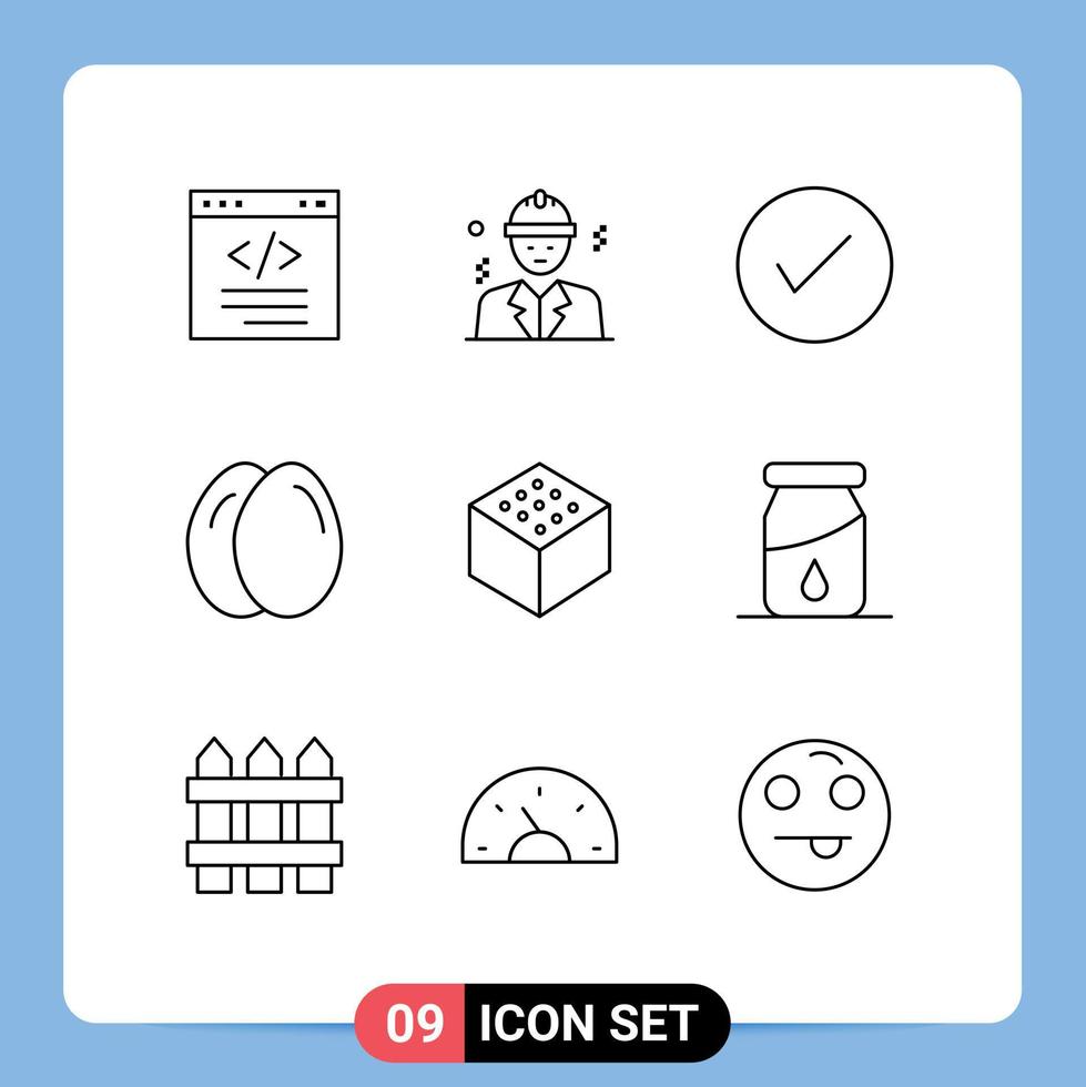 Packung mit 9 modernen Umrissen, Zeichen und Symbolen für Web-Printmedien wie Würfel, Ei, Konstruktion, Huhn, okay, editierbare Vektordesign-Elemente vektor