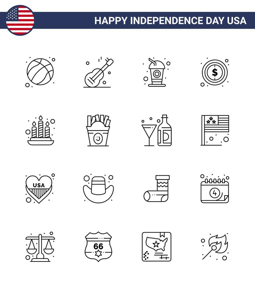 Line Pack von 16 Usa-Unabhängigkeitstag-Symbolen des Feuerzeichens Flasche Dollar Usa editierbare Usa-Tag-Vektordesign-Elemente vektor