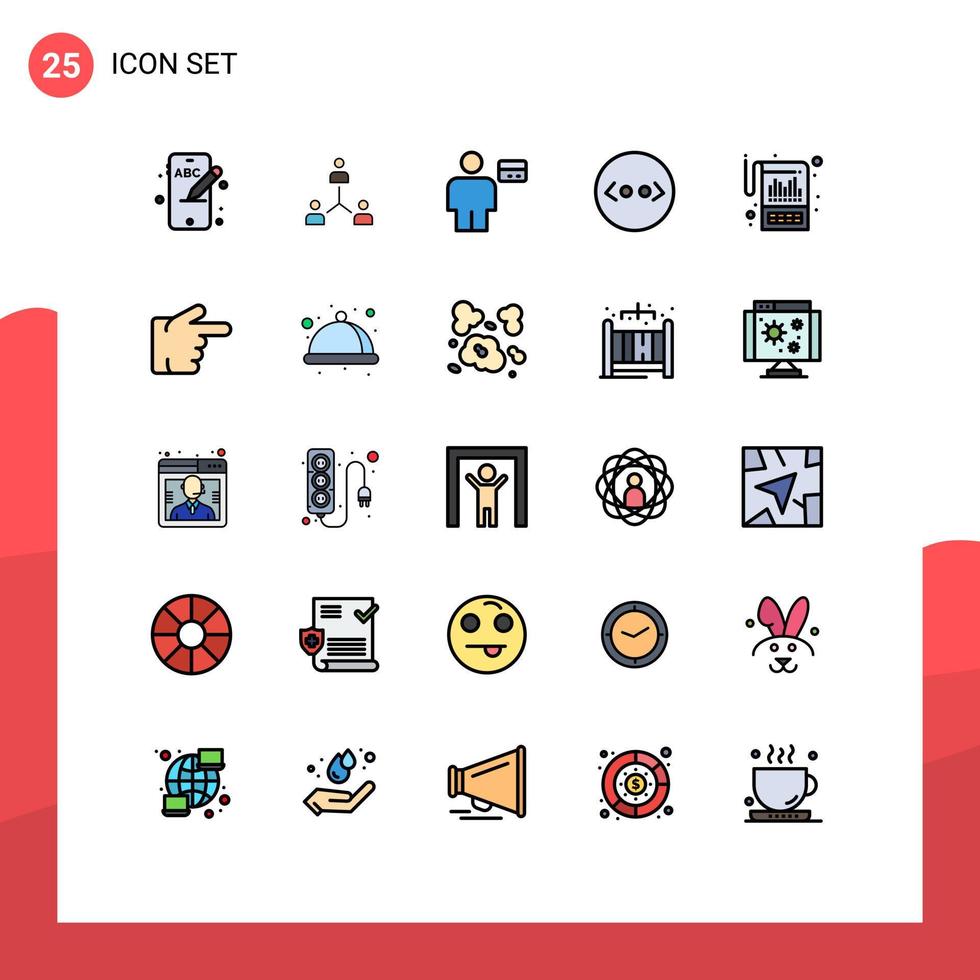 25 thematische Vektor gefüllte Linien flache Farben und editierbare Symbole von HTML-Klammern Menschen Debitkarte editierbare Vektordesign-Elemente