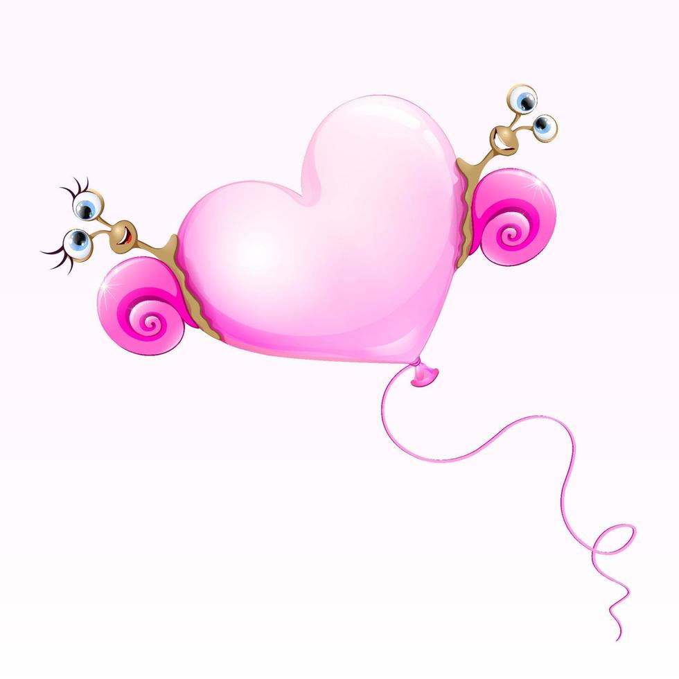 rolig tecknad serie i kärlek sniglar flugor på de rosa hjärta ballong. hjärtans dag begrepp. vektor