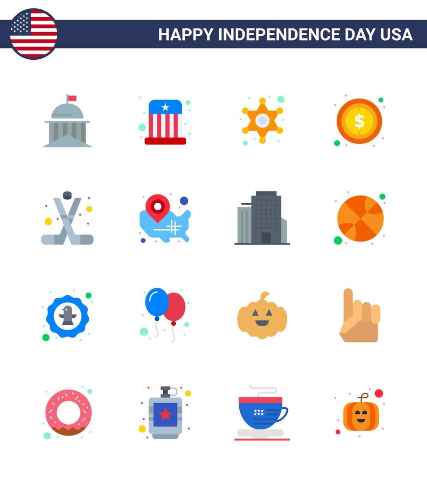 Stock Vektor Icon Pack von American Day 16 Linienzeichen und Symbolen für Hockey Dollar Hut Geld Polizei Zeichen editierbare Usa Day Vektor Design Elemente