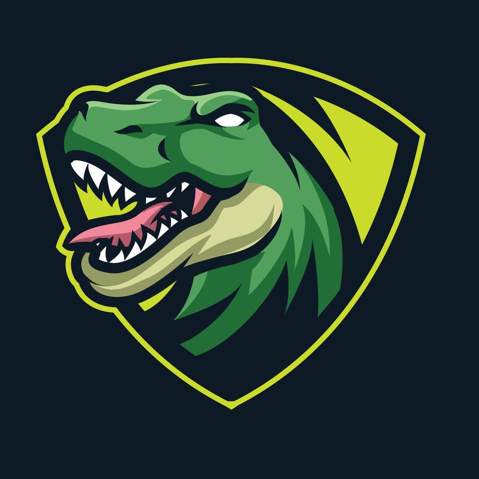 dinosaurie maskot huvud logotyp, esport logotyp grön. t Rex monster. vektor