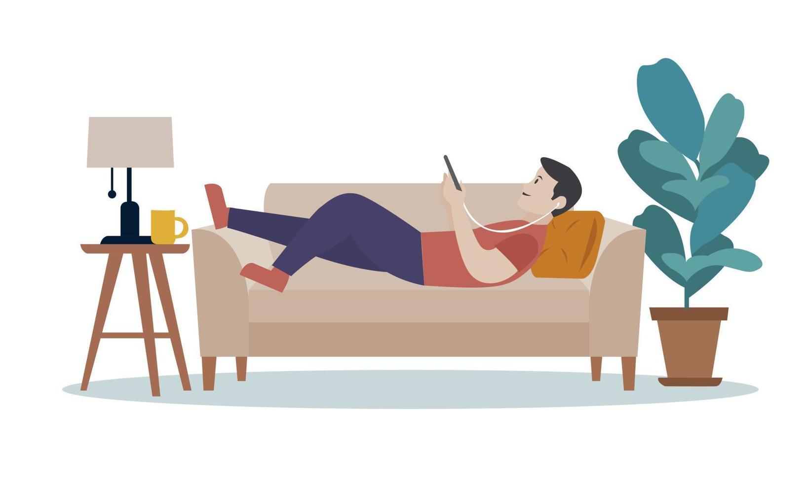 Männer entspannen sich im Urlaub oder am Wochenende beim Anschauen von Mobiltelefonen mit Kopfhörern. Verlegung auf der Couch-Vektor-Illustration. aktivitäten zu hause und mir zeitkonzept vektor