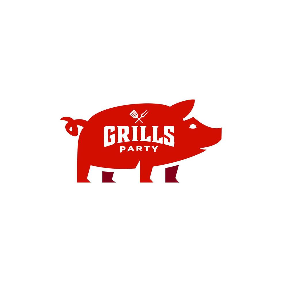 grill grilla inbjudan fest utegrill bbq med gris fläsk på brand flamma logotyp design årgång hispter vektor