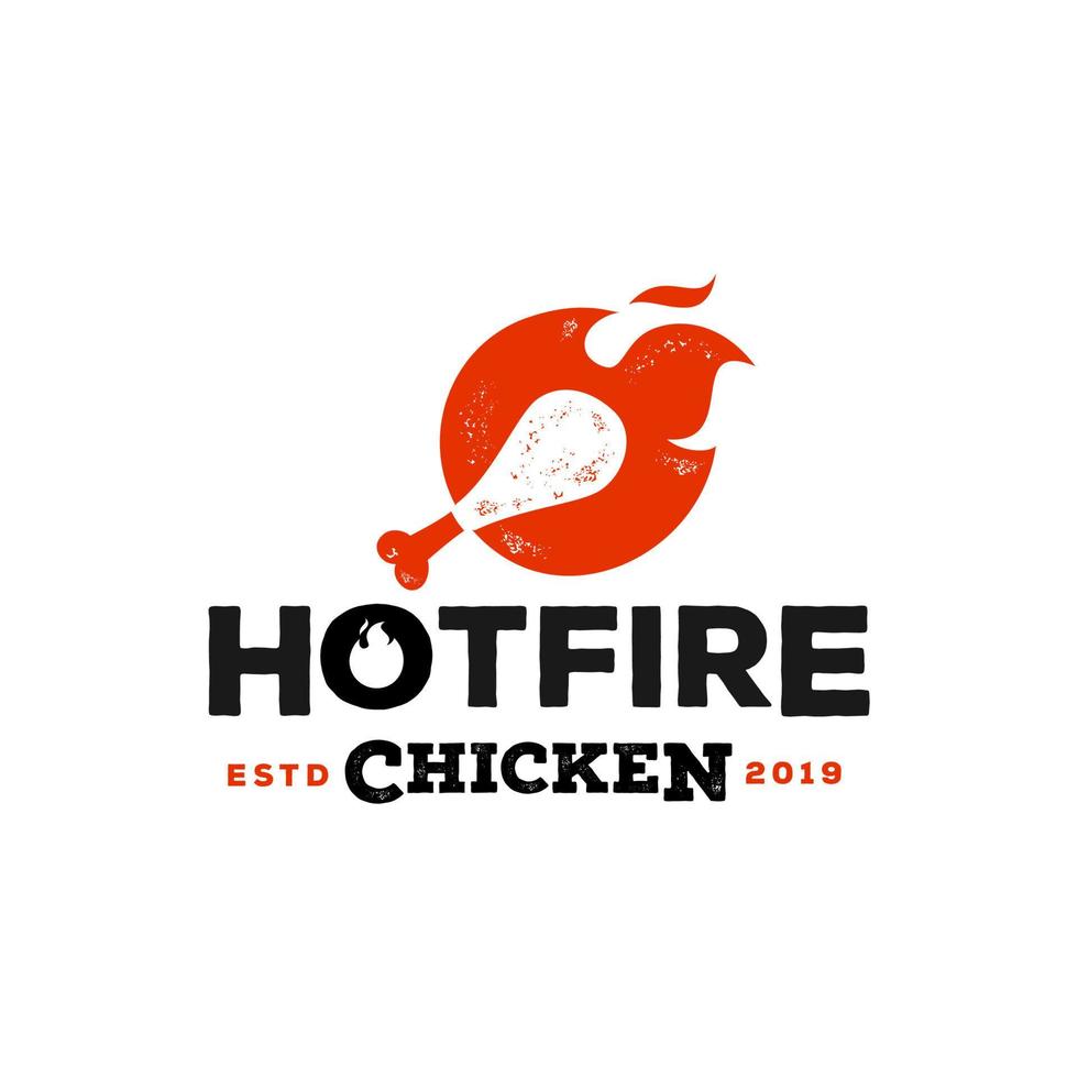 rustikales Feuer-Hähnchenbein-Logo, Flamme heißes Symbol-Vektor-Symbol-Illustration, modernes rotes und schwarzes Logo, Fast-Food-Restaurant-Symbol-Maskottchen vektor