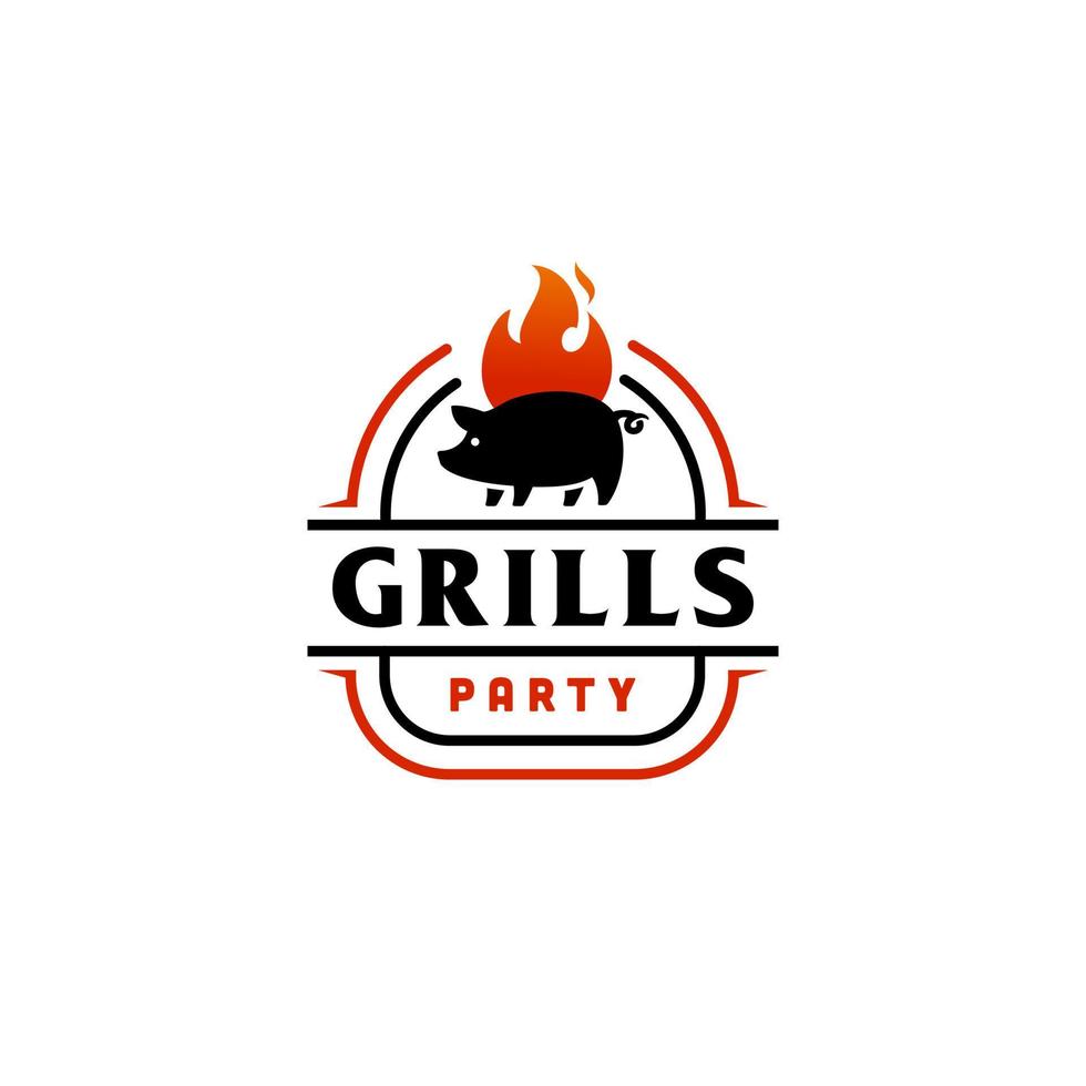 grill grilla inbjudan fest utegrill bbq med gris fläsk på brand flamma logotyp design årgång hispter vektor