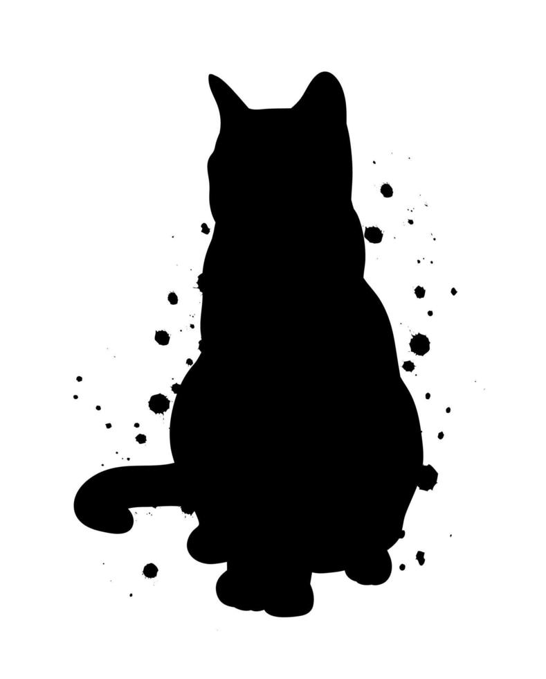 sitzende Silhouette der schwarzen Katze mit abstrakter Illustration des Tintenspritzers. vektor