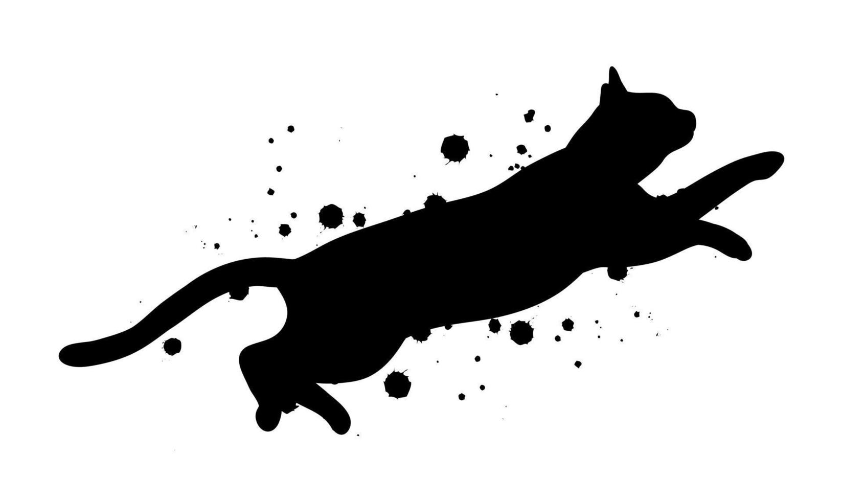 springende schwarze katzenschattenbild mit abstrakter illustration des tintenspritzers. vektor