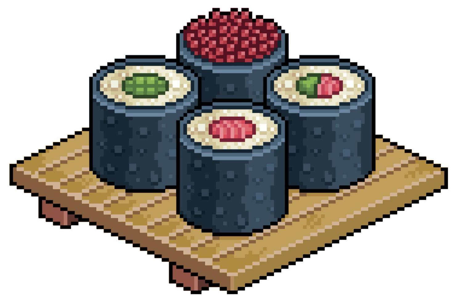 Pixelkunst-Sushi-Rolle auf Holzbrett japanisches Essen Vektor-Symbol für 8-Bit-Spiel auf weißem Hintergrund vektor