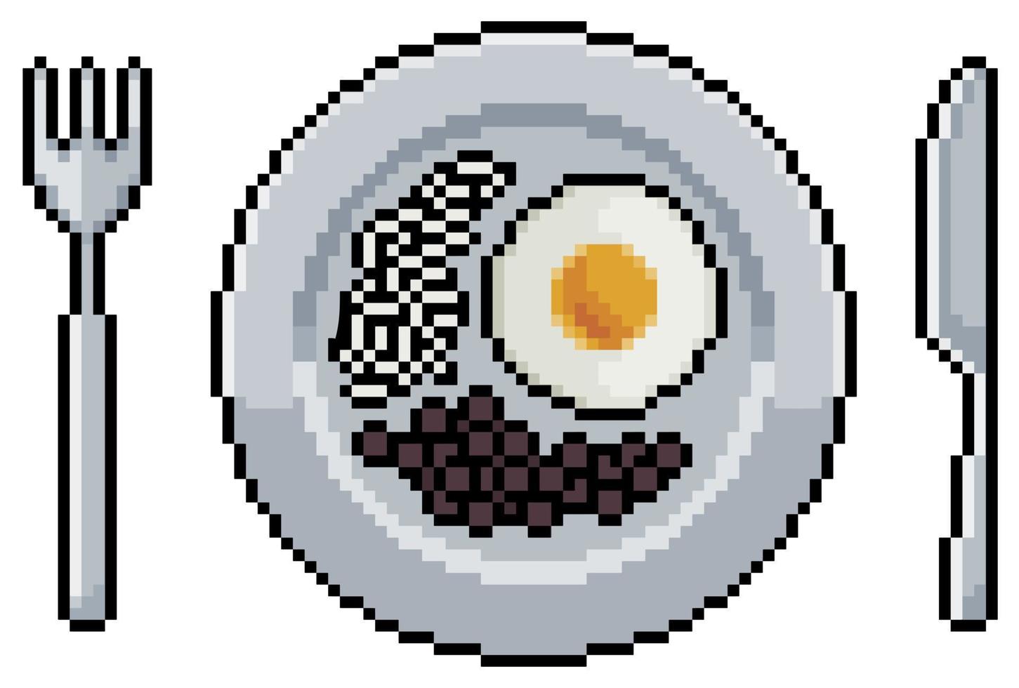pixel konst tallrik med friterad ägg, ris och bönor, bestick vektor ikon för 8bit spel på vit bakgrund