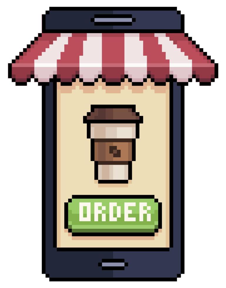 Pixelkunst-Handy, das Kaffee im Lebensmittel-App-Vektorsymbol für 8-Bit-Spiel auf weißem Hintergrund bestellt vektor
