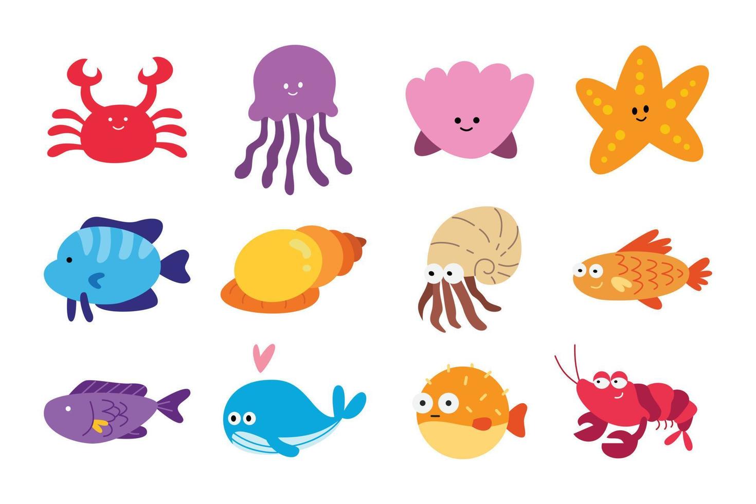 Reihe von Meeresfischen im lustigen und niedlichen Charakterdesign. Tierillustration für Kinder vektor