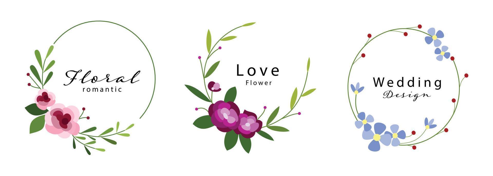 uppsättning av runda blommig ram för romantisk kopia Plats mall design. blomma krans illustration i årgång stil för bröllop inbjudan, vykort, affisch, och prydnad vektor