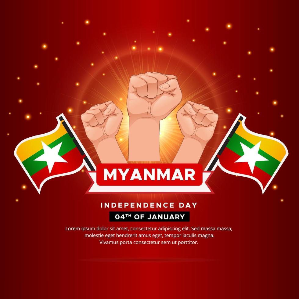 Glänzendes Design zum Unabhängigkeitstag von Myanmar mit gewellter Flagge und Gestenfaust. vektor