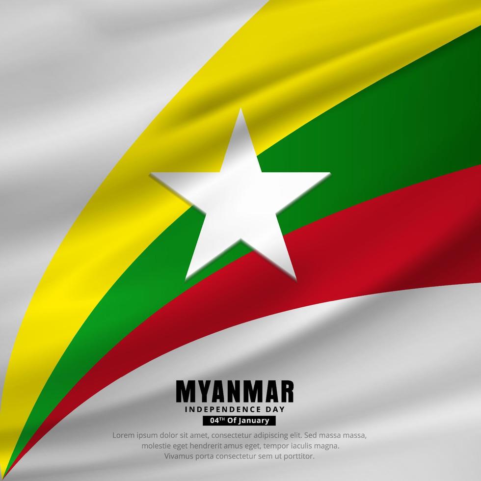 abstrakter Designhintergrund zum Unabhängigkeitstag von Myanmar mit gewelltem Flaggenvektor. vektor