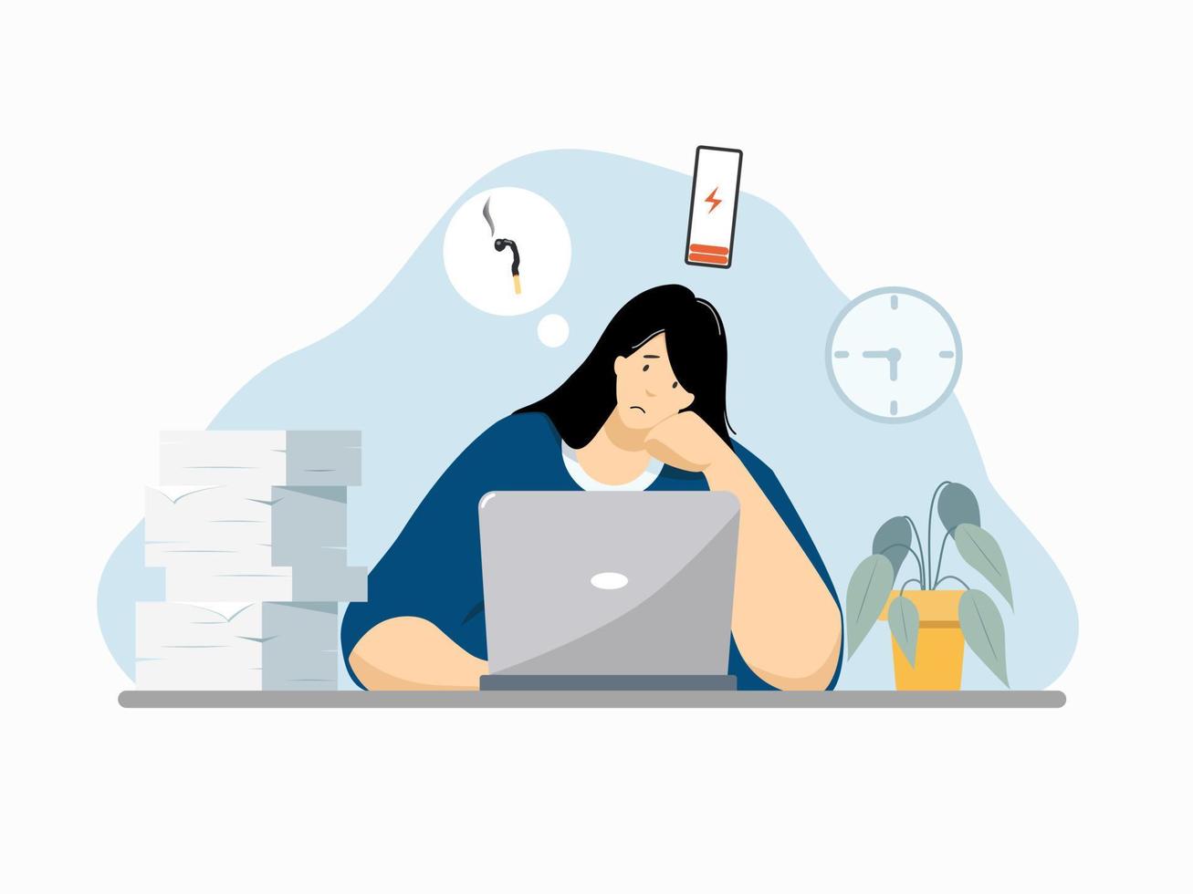 burnout begrepp platt vektor illustration. trött och ledsen kvinna på dator på de kontor. innehav huvud på hand.