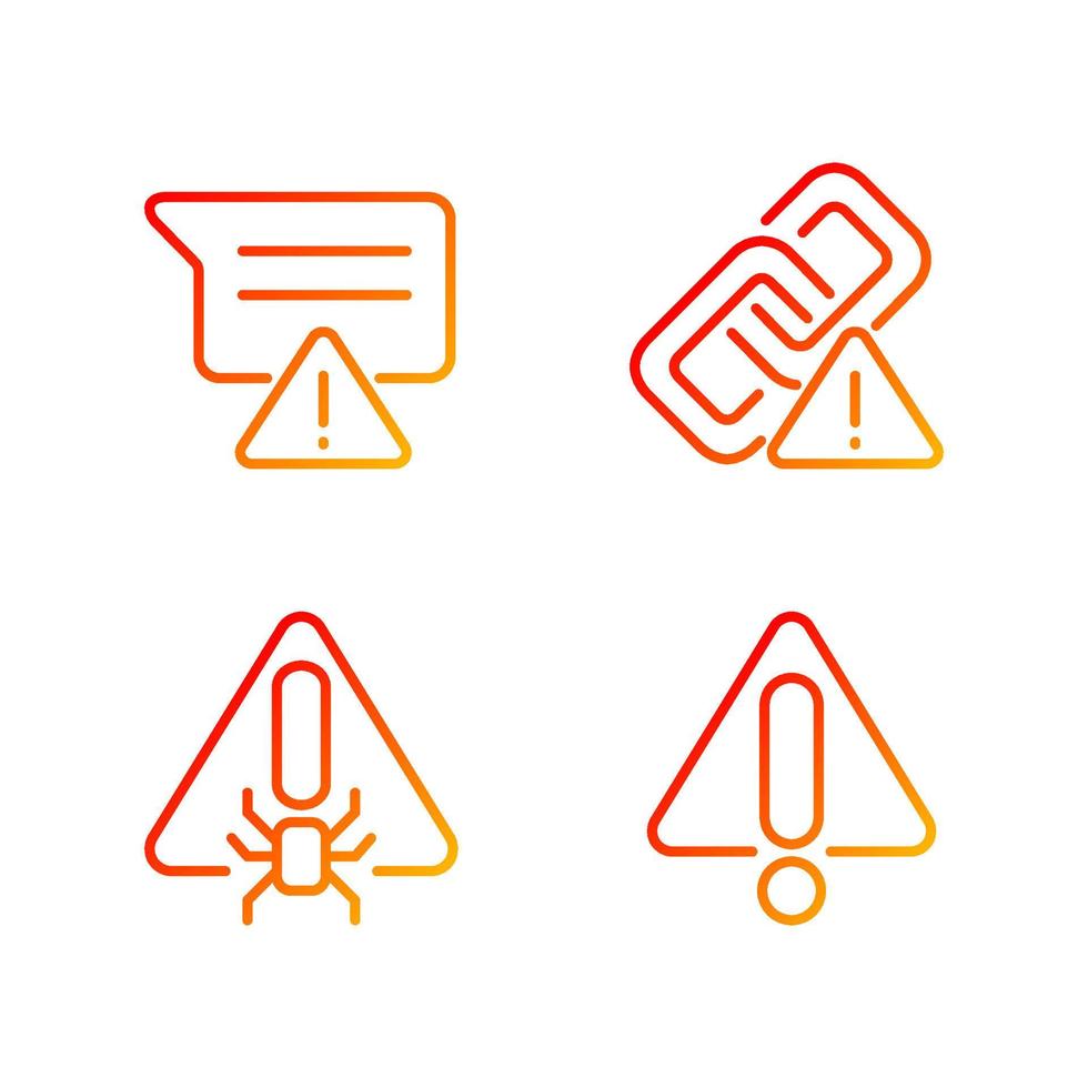 computerprobleme pixel perfekte lineare vektorsymbole mit verlauf eingestellt. Virengefahr. isolierte Vektorgrafiken. dünne Linienkontursymbole entwerfen Bündel. Sammlung von isolierten Umrissillustrationen vektor