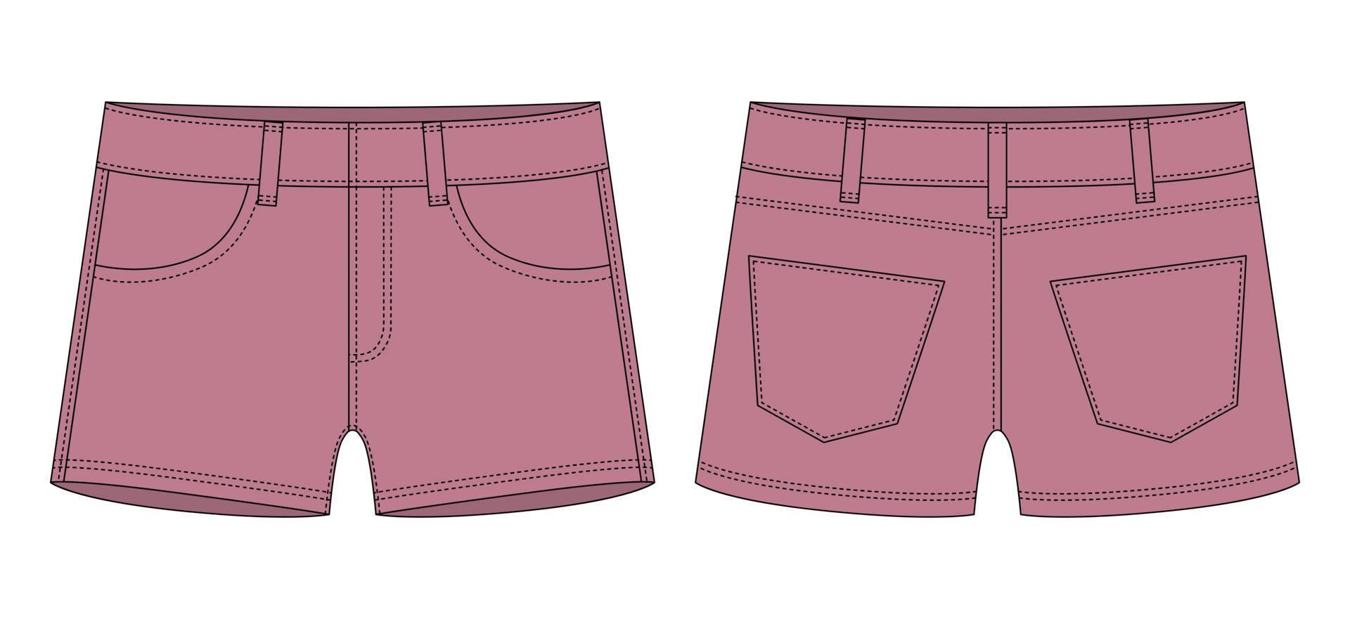 Denim-Shorts mit Taschen technische Skizze. Pudra-Farbe. Designvorlage für Kinder-Jeans-Shorts. vektor