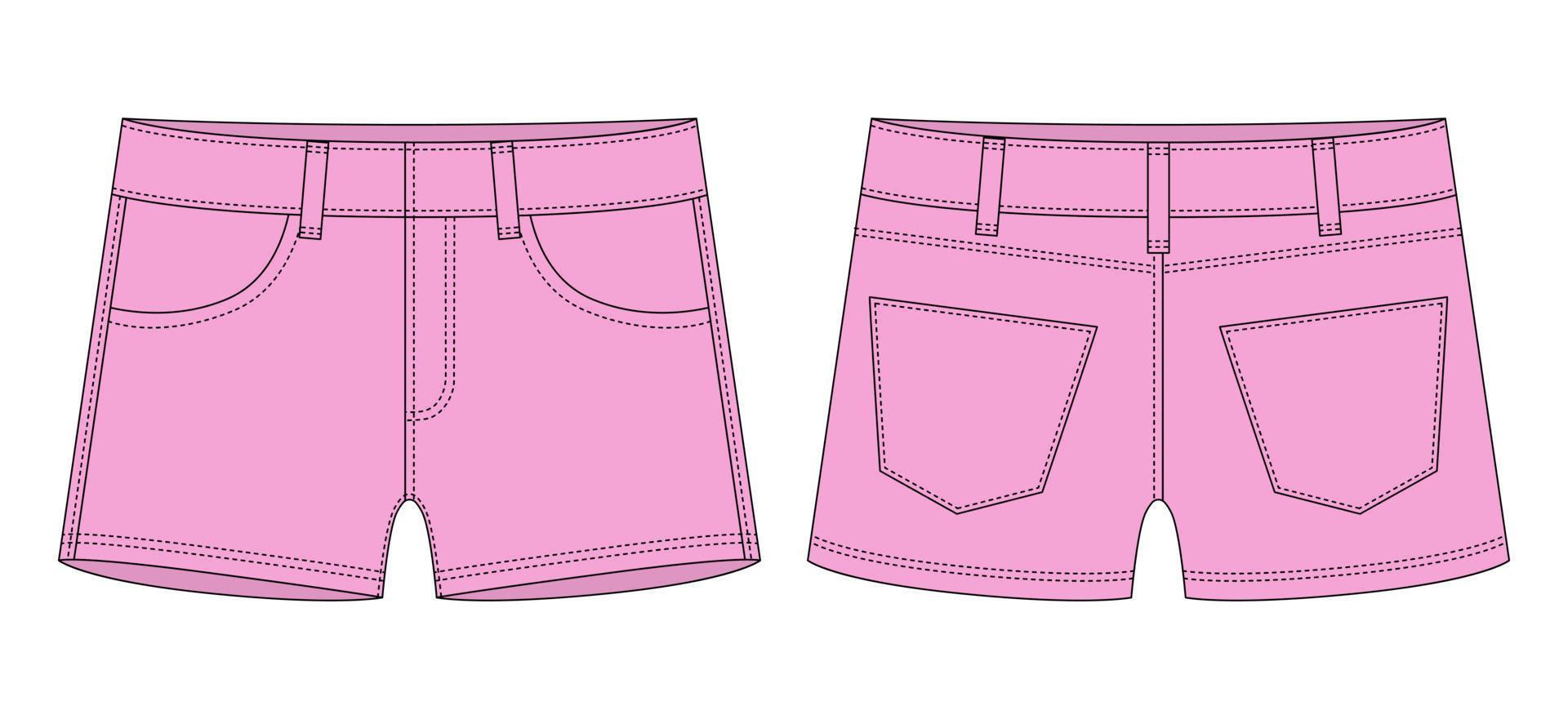 Denim-Shorts mit Taschen technische Skizze. pinke Farbe. Designvorlage für Kinder-Jeans-Shorts. vektor