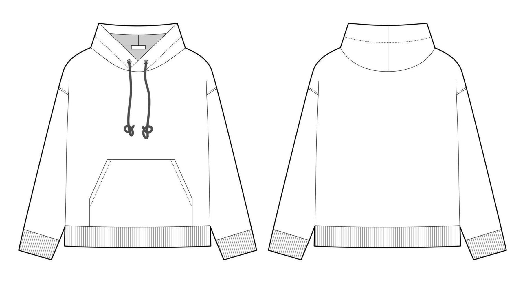 lässige Hoodie-technische Skizze. Cad-Mockup-Vorlagen-Kapuzenpulli. vektor