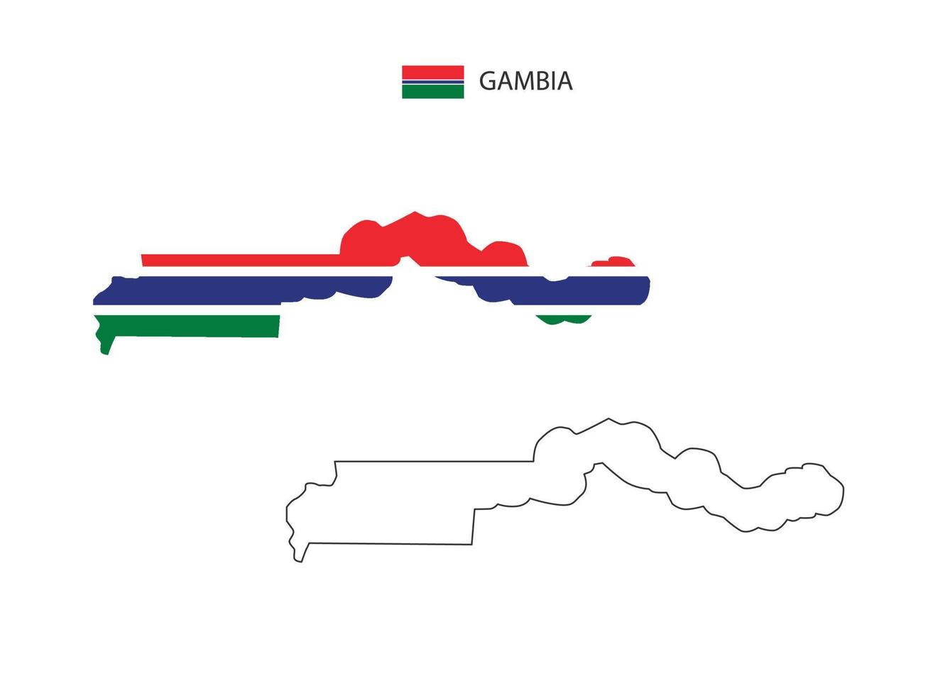 gambia-karte stadtvektor geteilt durch umriss-einfachheitsstil. haben 2 Versionen, eine schwarze Version mit dünner Linie und eine Version in der Farbe der Landesflagge. beide Karten waren auf dem weißen Hintergrund. vektor