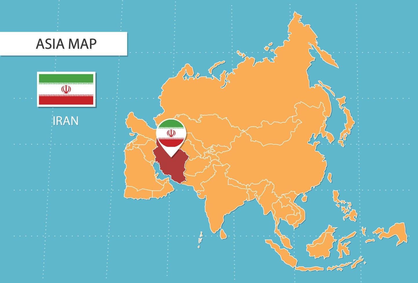 iran-karte in asien, symbole, die den standort und die flaggen des iran zeigen. vektor