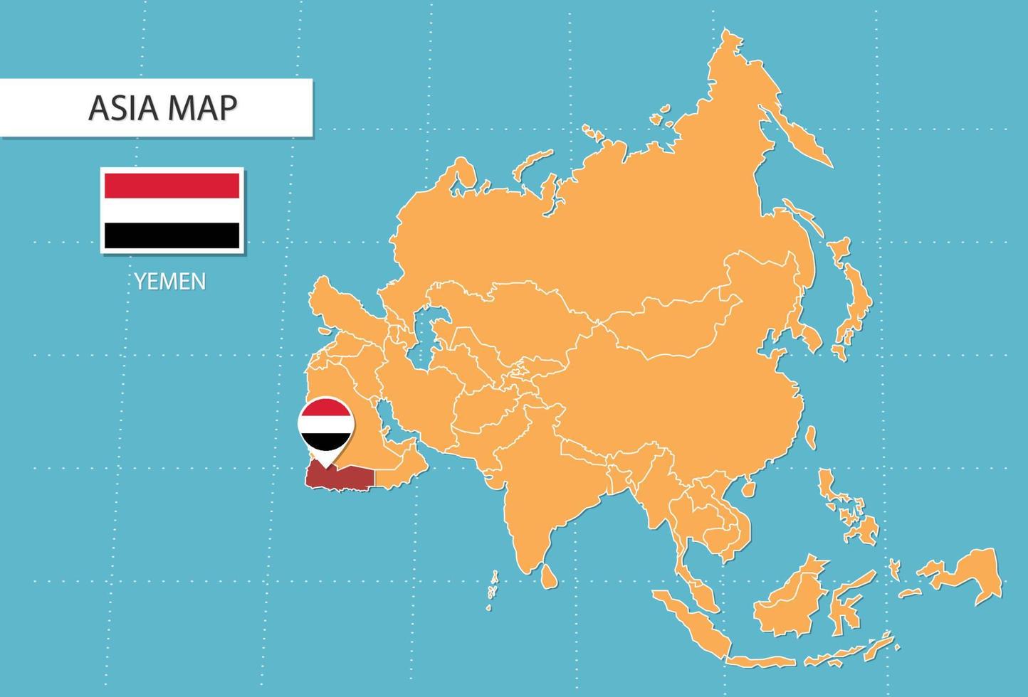 jemen Karta i Asien, ikoner som visar jemen plats och flaggor. vektor