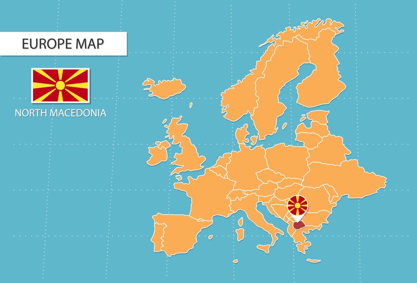 norr macedonia Karta i Europa, ikoner som visar norr macedonia plats och flaggor. vektor