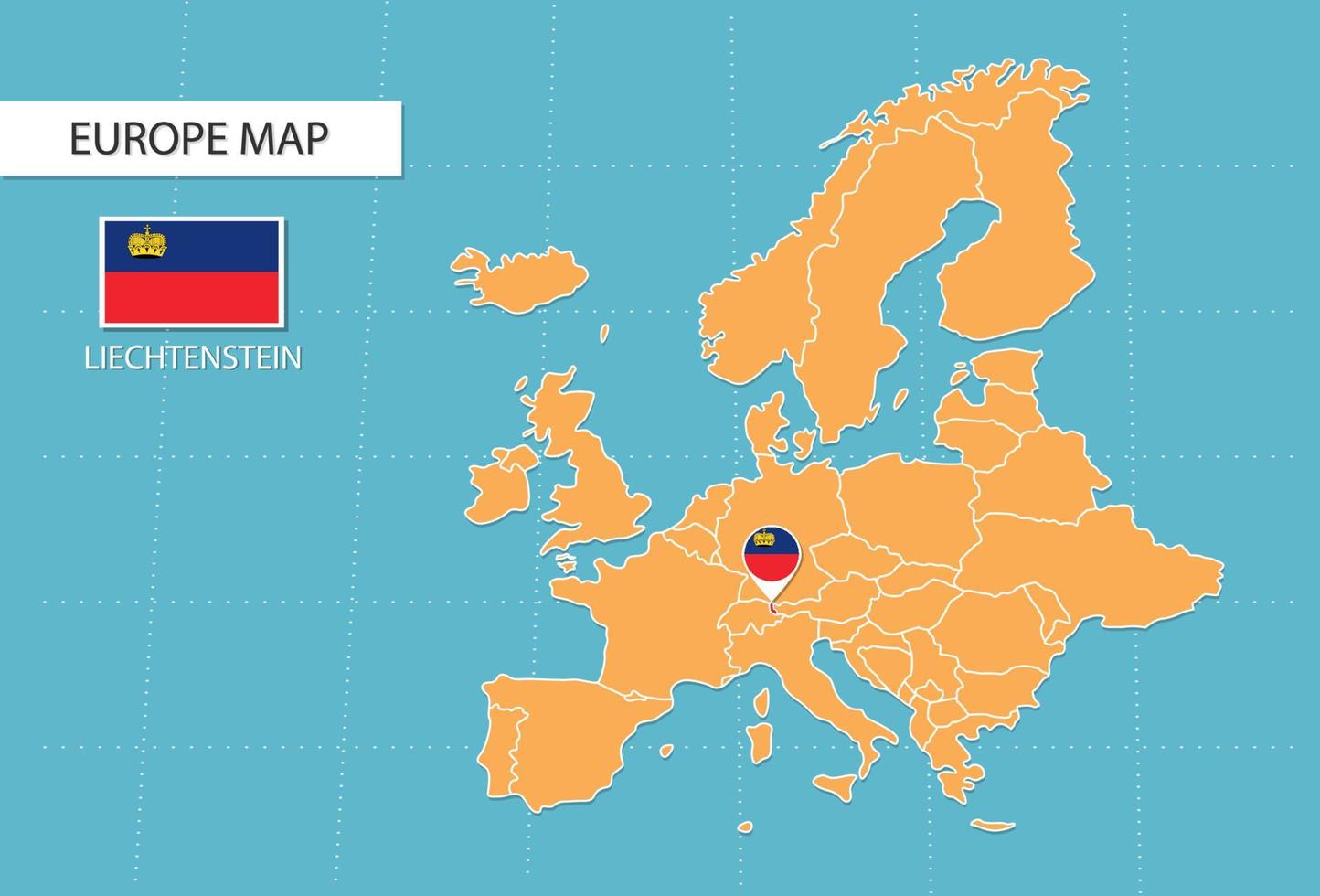 liechtenstein Karta i Europa, ikoner som visar liechtenstein plats och flaggor. vektor