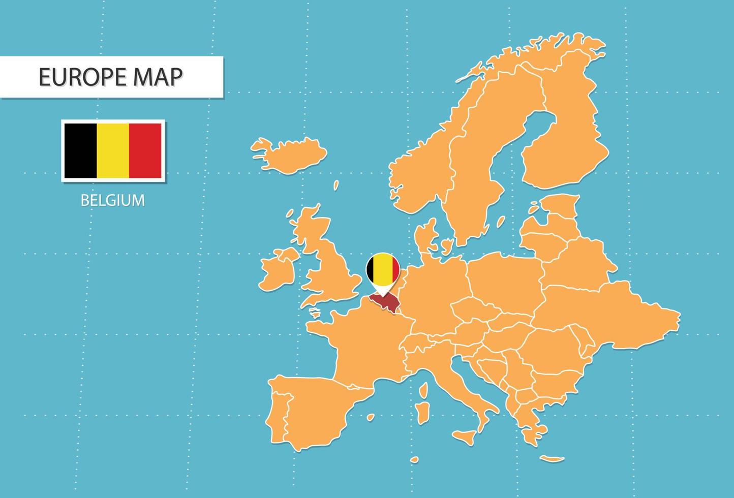 belgien-karte in europa, symbole, die den standort und die flaggen von belgien zeigen. vektor