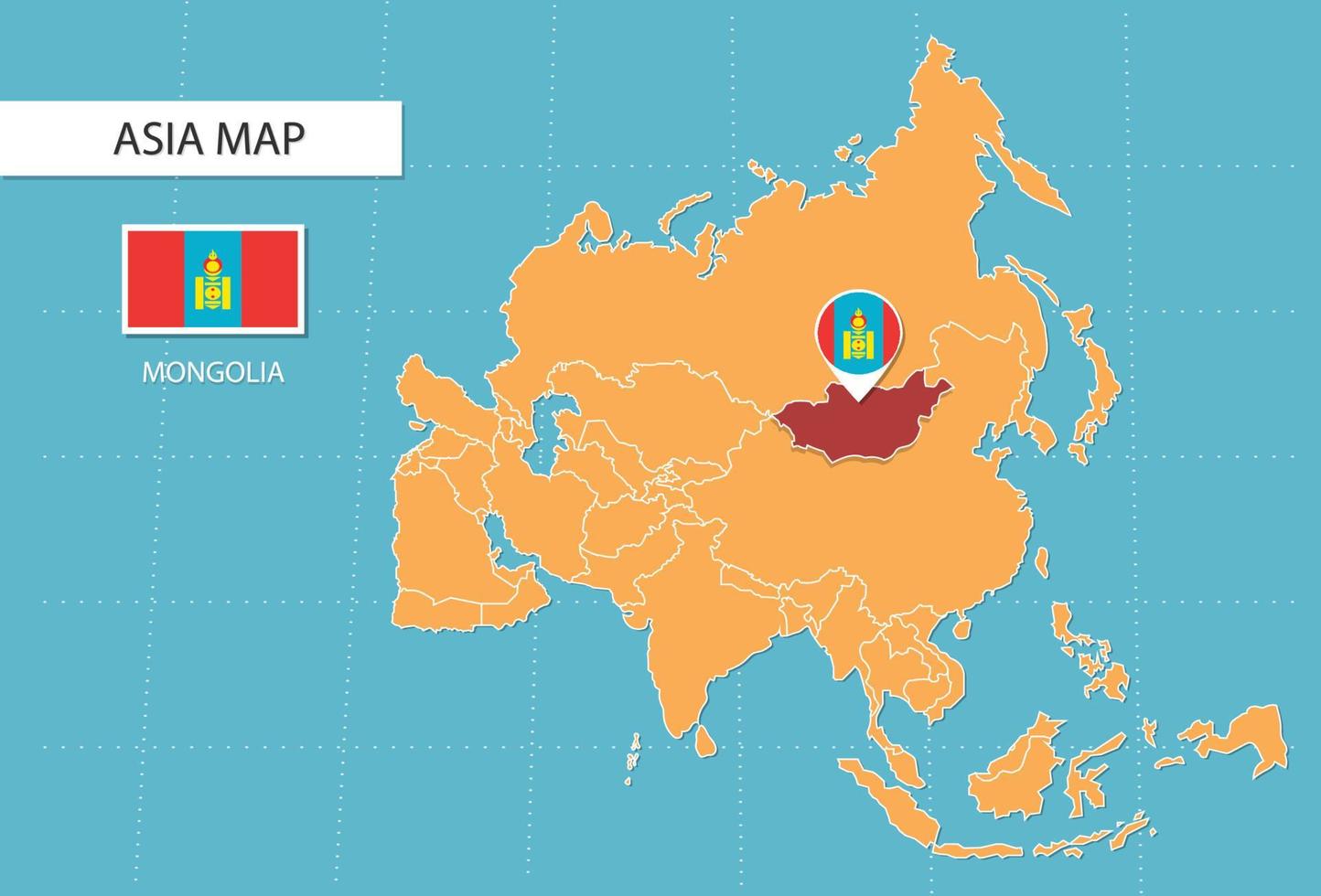 mongoliet Karta i Asien, ikoner som visar mongoliet plats och flaggor. vektor