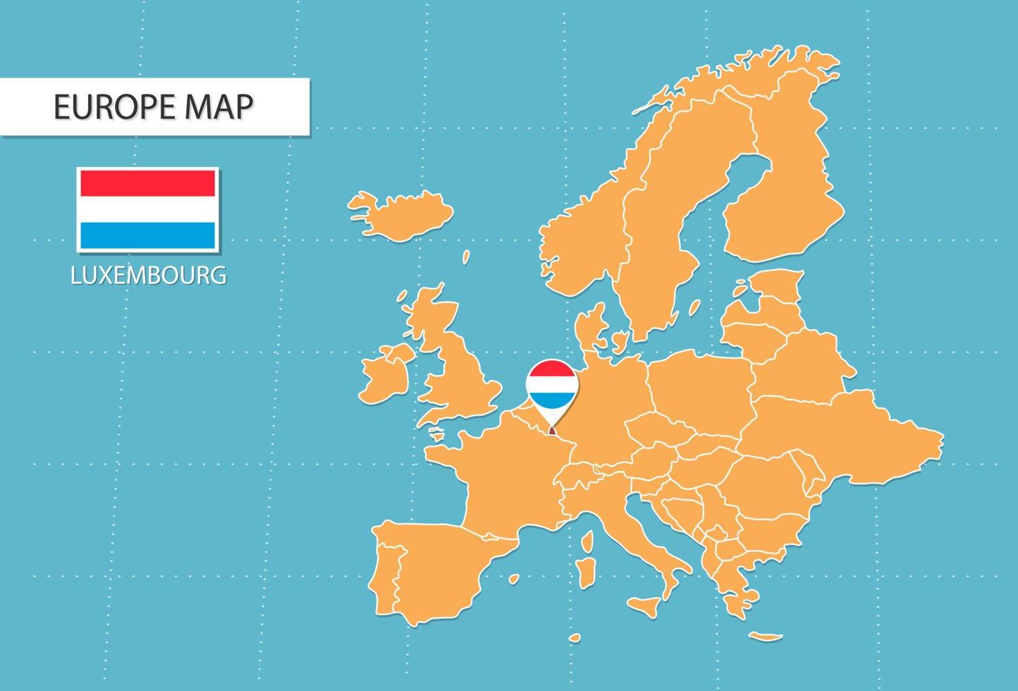 luxemburg-karte in europa, symbole, die luxemburg-standort und -flaggen zeigen. vektor