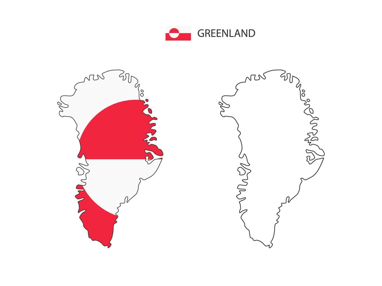 grönlandkarte stadtvektor geteilt durch umrisseinfachheitsstil. haben 2 Versionen, eine schwarze Version mit dünner Linie und eine Version in der Farbe der Landesflagge. beide Karten waren auf dem weißen Hintergrund. vektor
