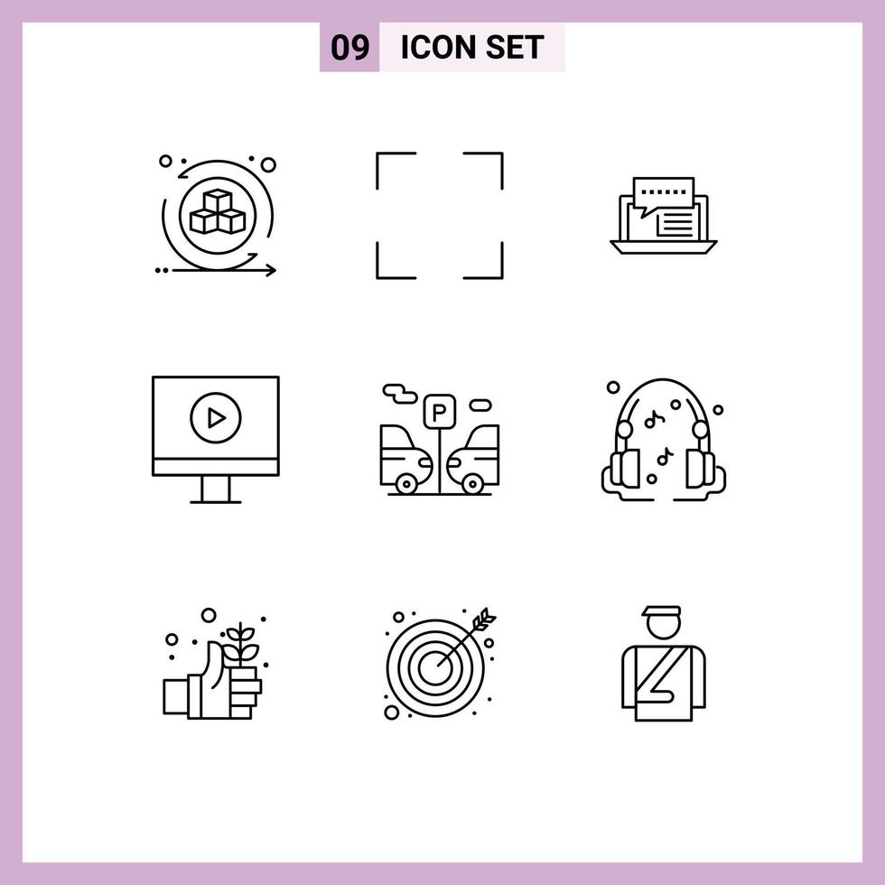 Stock-Vektor-Icon-Pack mit 9 Zeilenzeichen und Symbolen für soziale editierbare Vektordesign-Elemente des Transport-Video-Chat-Players vektor