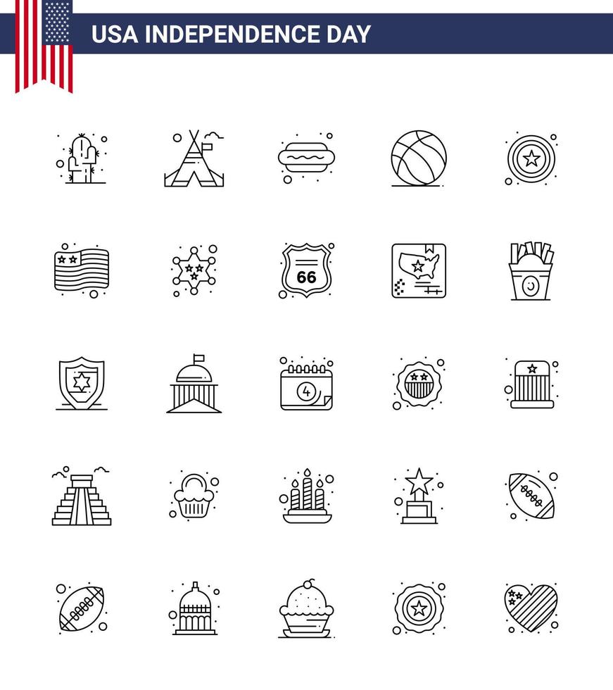 4:e juli USA Lycklig oberoende dag ikon symboler grupp av 25 modern rader av stjärna USA varm hund amerikan fotboll redigerbar USA dag vektor design element