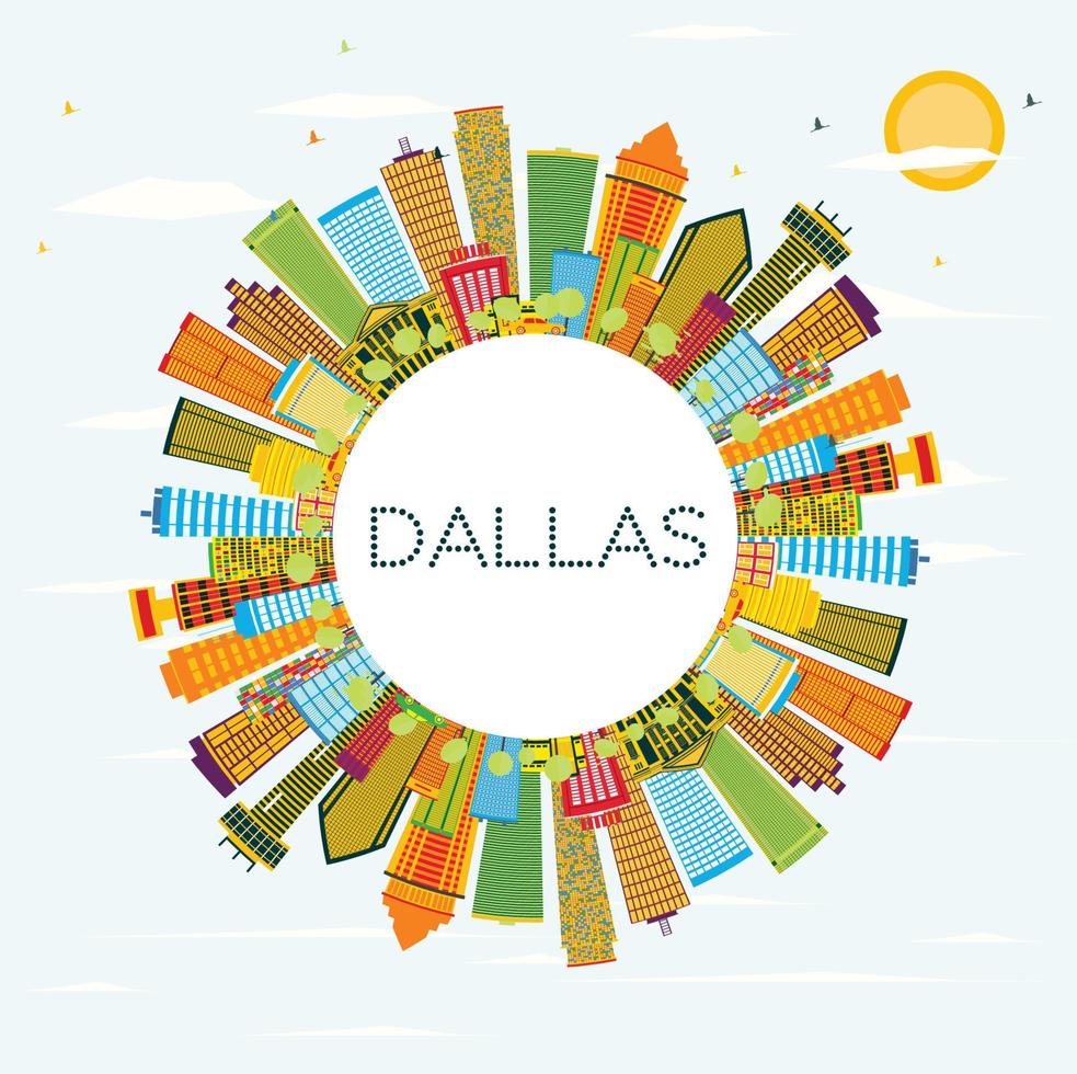 Dallas-Skyline mit Farbgebäuden, blauem Himmel und Kopienraum. vektor