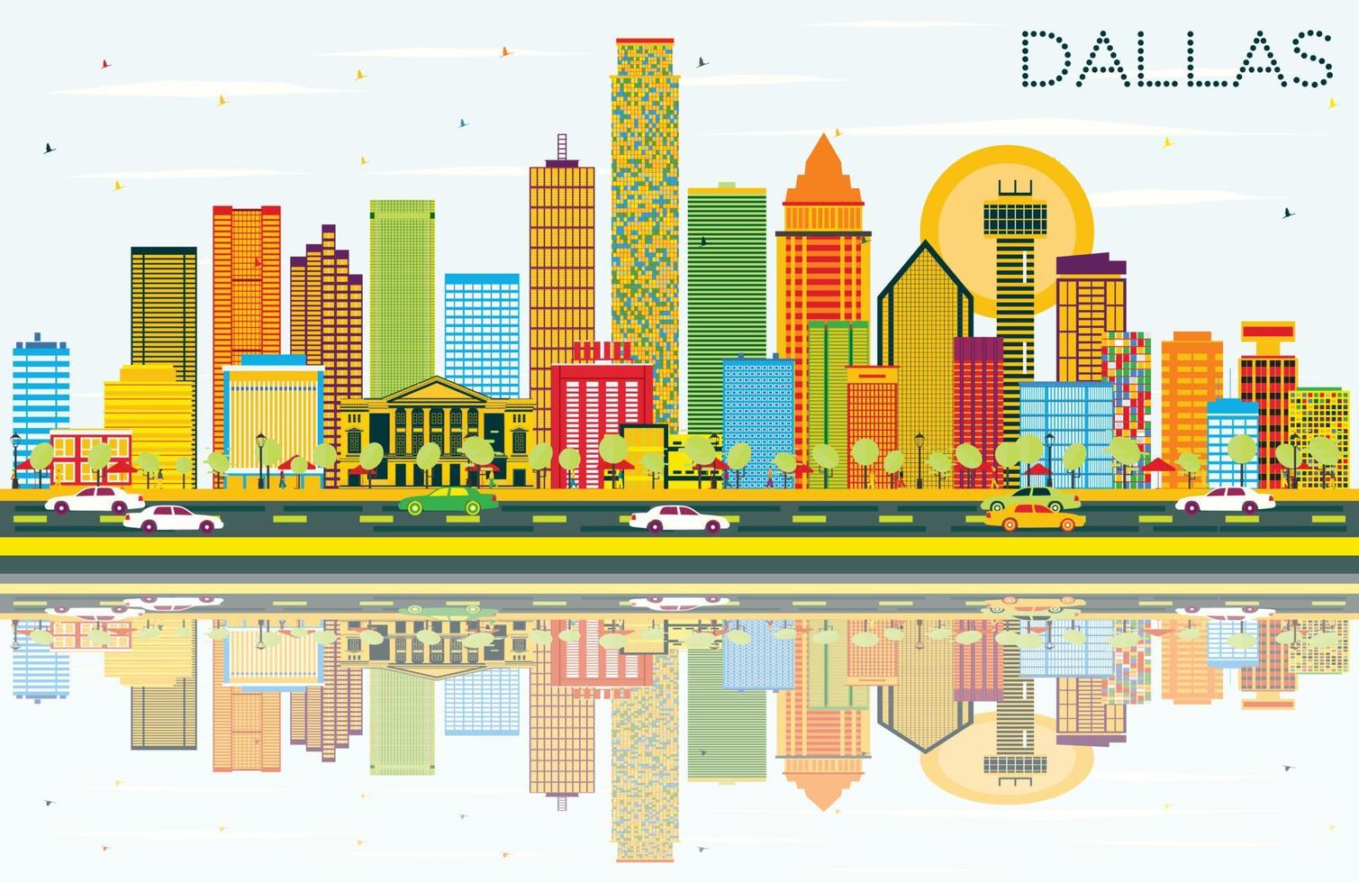 Dallas-Skyline mit Farbgebäuden, blauem Himmel und Reflexionen. vektor