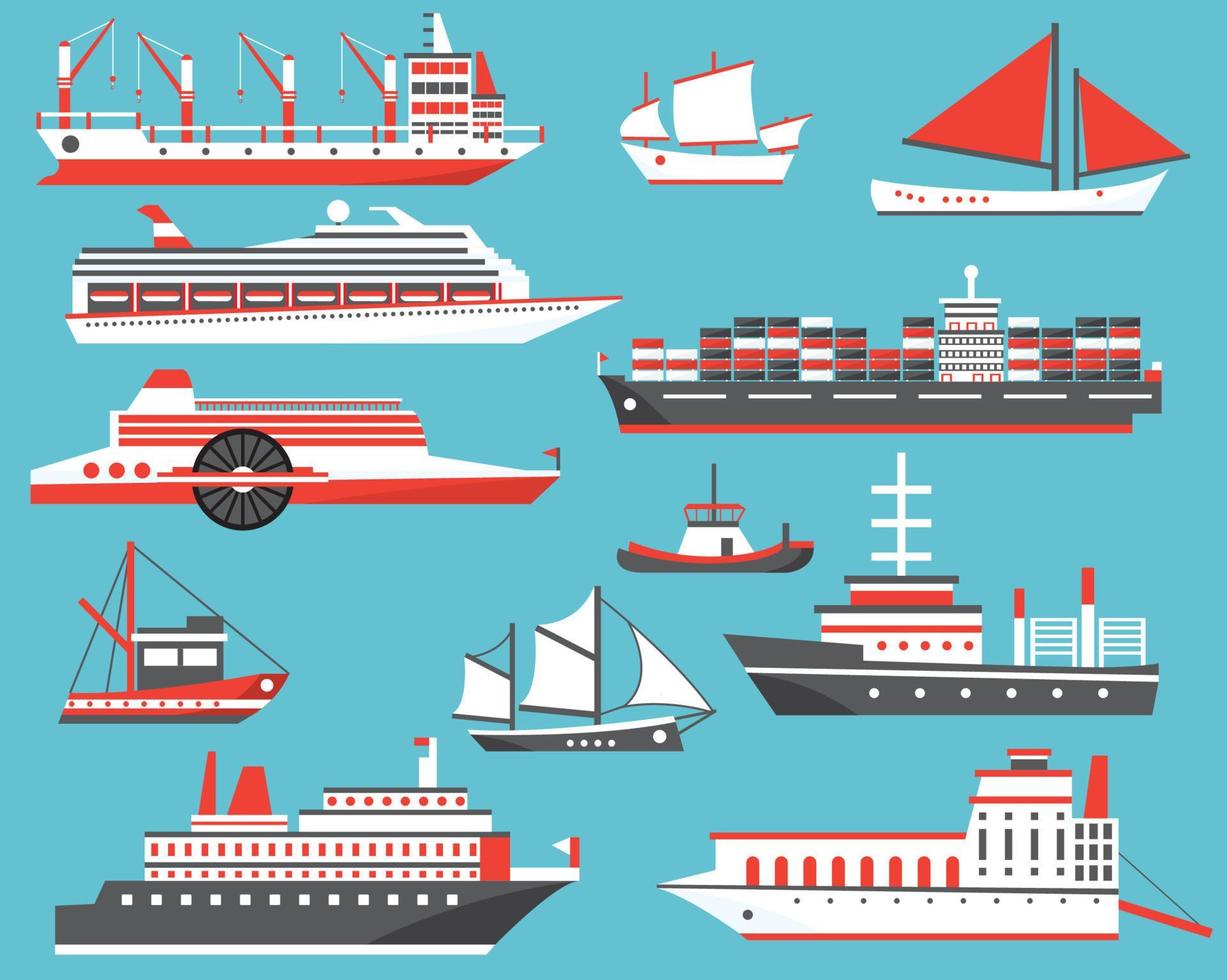 fartyg uppsättning. passagerare kryssning fartyg, Yacht, bulk bärare och segelbåt. vektor