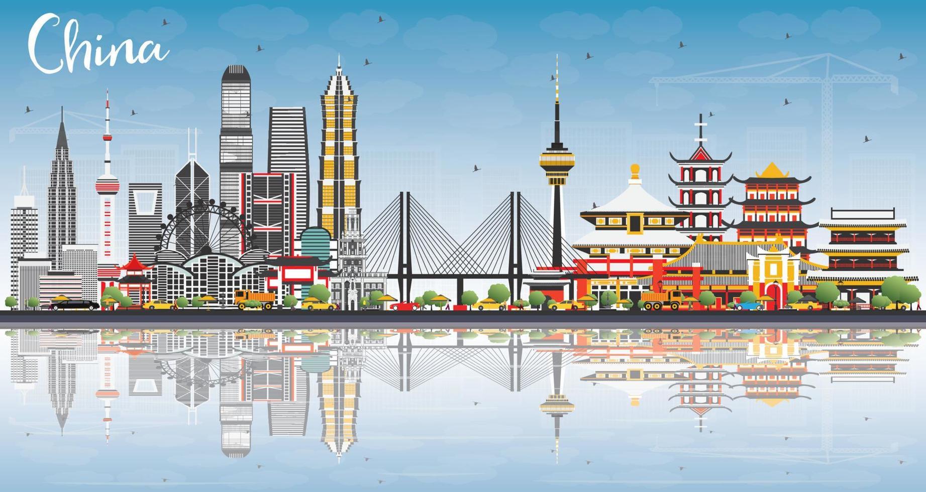 Kina stad horisont med reflektioner. känd landmärken i Kina. vektor